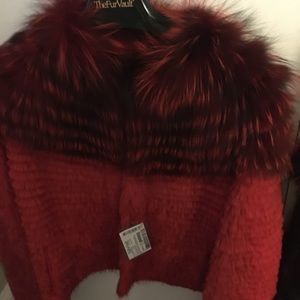Woven beaver sweater with fox fur trim